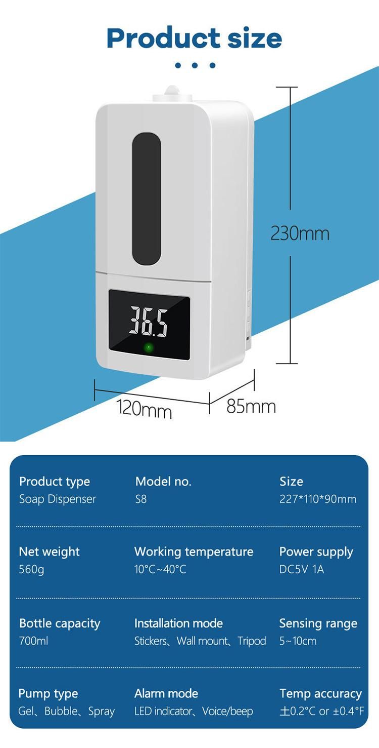 Saige 700ml Stainless Steel Temperature Measuring Automatic Alcohol Spray Soap Dispenser