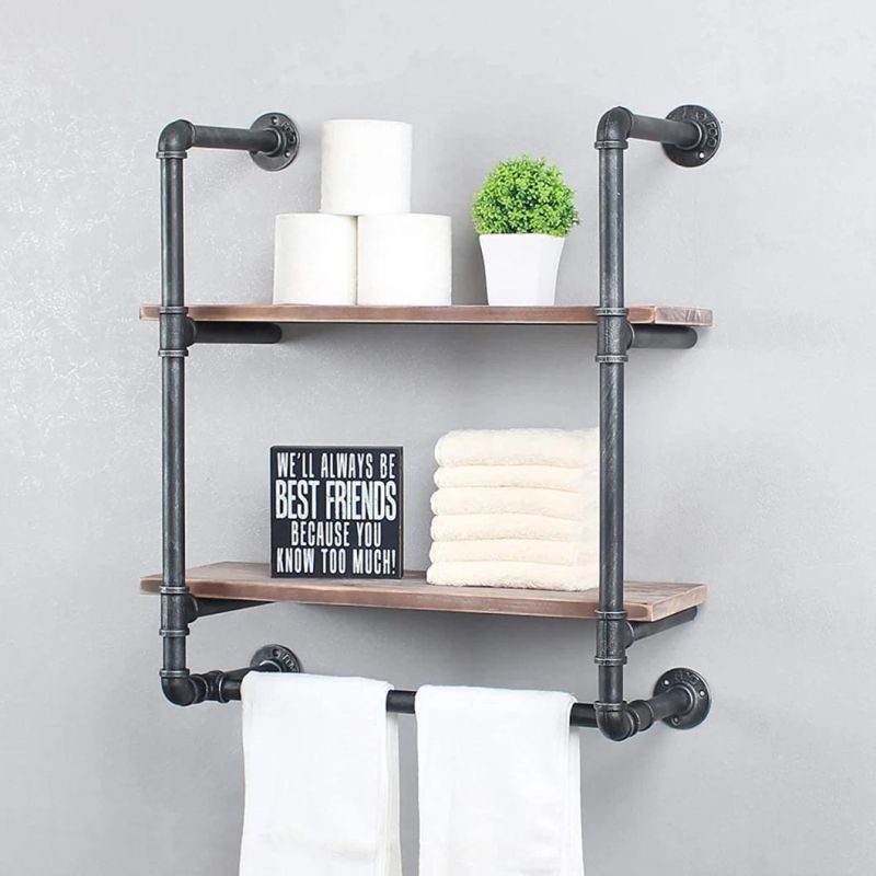 Rustic Pipe Fittings Mounted Wall Black Assembly Rack Floating Cast Iron Towel Rack for Bathroom Decoration