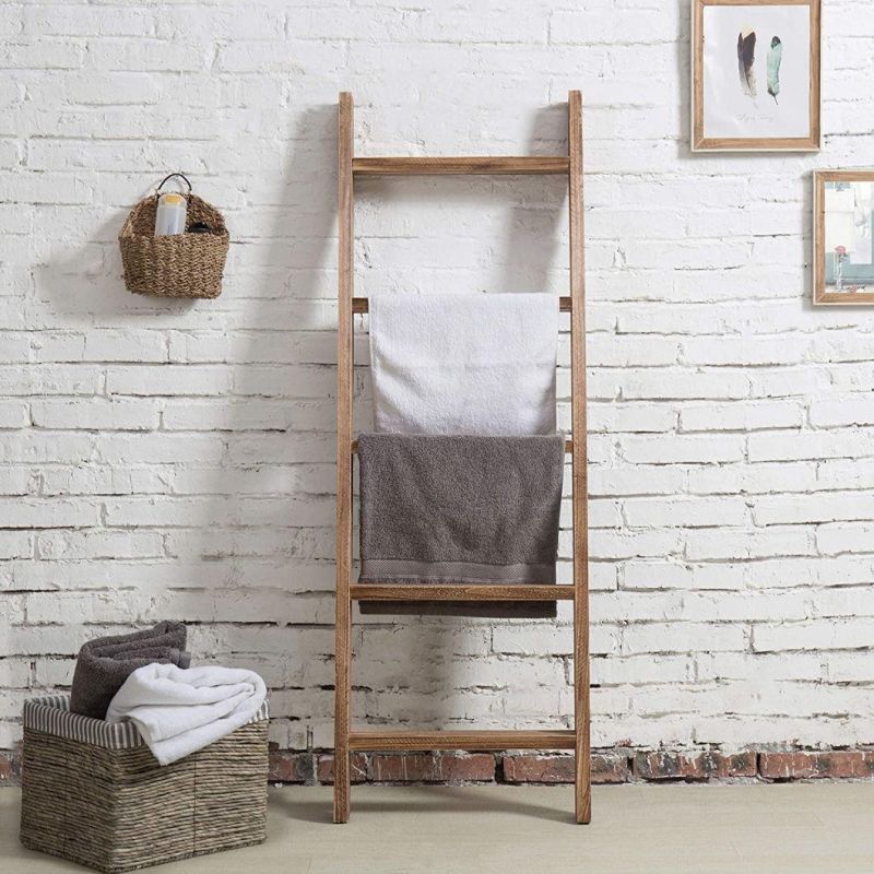 Wall-Leaning Dark Brown Wood Wall Leaning Ladder Style Towel and Blanket Storage Rack or Display Shelf