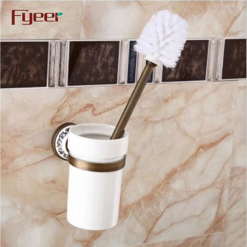 Fyeer Bathroom Accessory Antique Brass Toilet Brush Holder with Ceramic Base