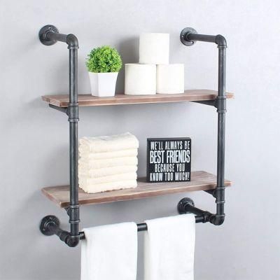 China Cast Iron Vintage Black Threaded Pipe Fitting 2-Tire Towel Rack for Clothing Decoration