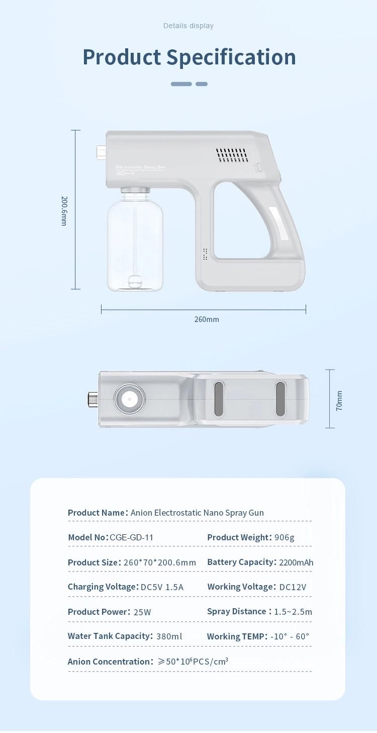 Electrostatic Wireless Nano Sprayer Machine Blue Light Alcohol Disinfection Nano Spry Gun