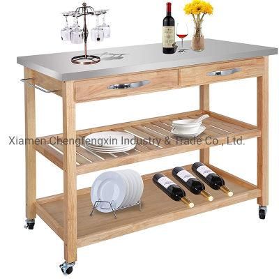 Natural Wood Kitchen Cart Rolling Kitchen Island Utility Serving Cart