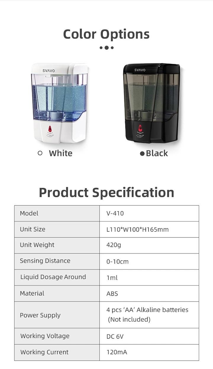 Low Cost 600ml Wall Mounted Commercial Automatic Soap Dispenser for Hospital V-410