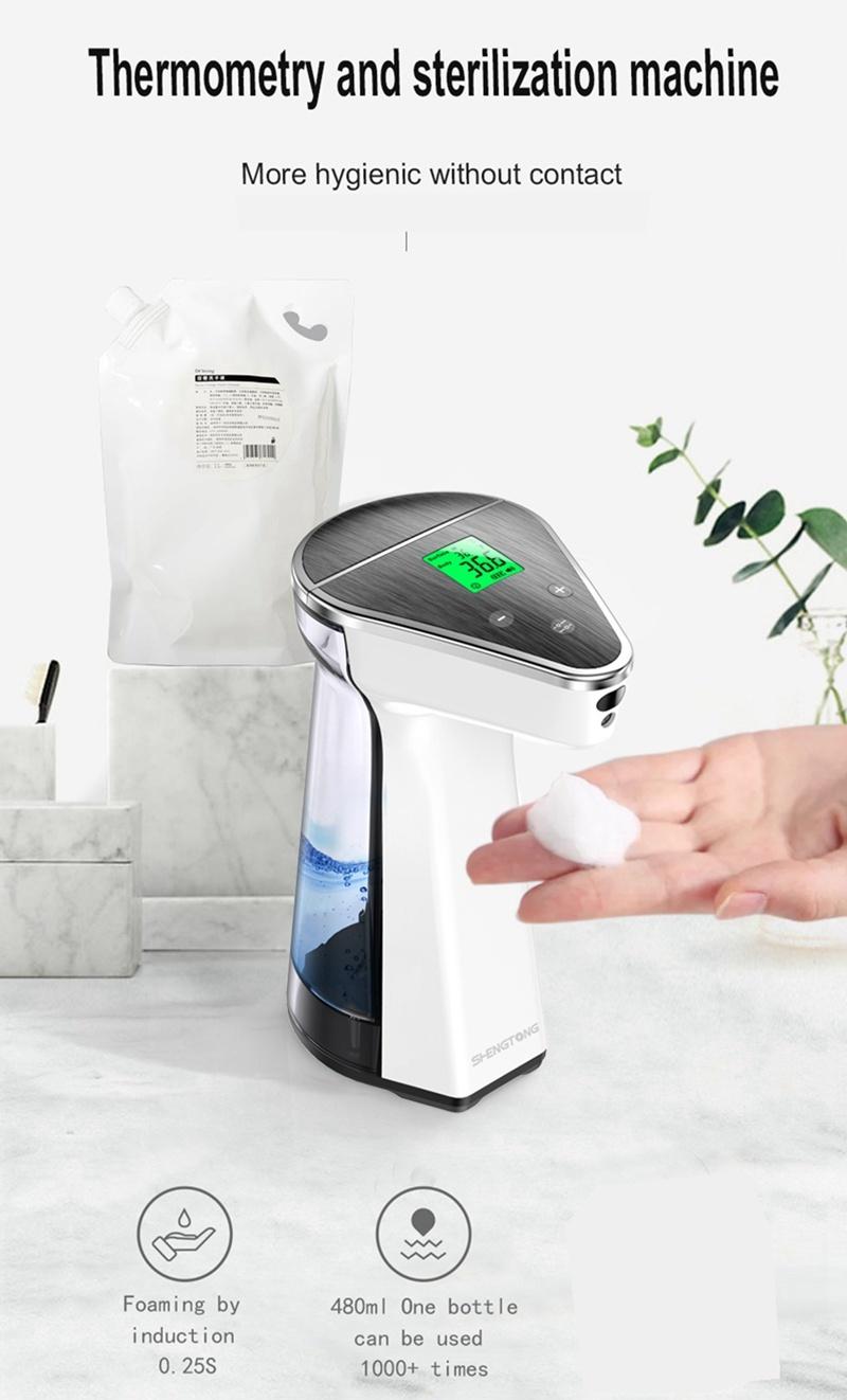 Children Safety Design 480ml Big Capacity Home Use Full Automatic Sensor Temperature Measurement Hand Sterilzer Foam Soap Dispenser with Big LCD