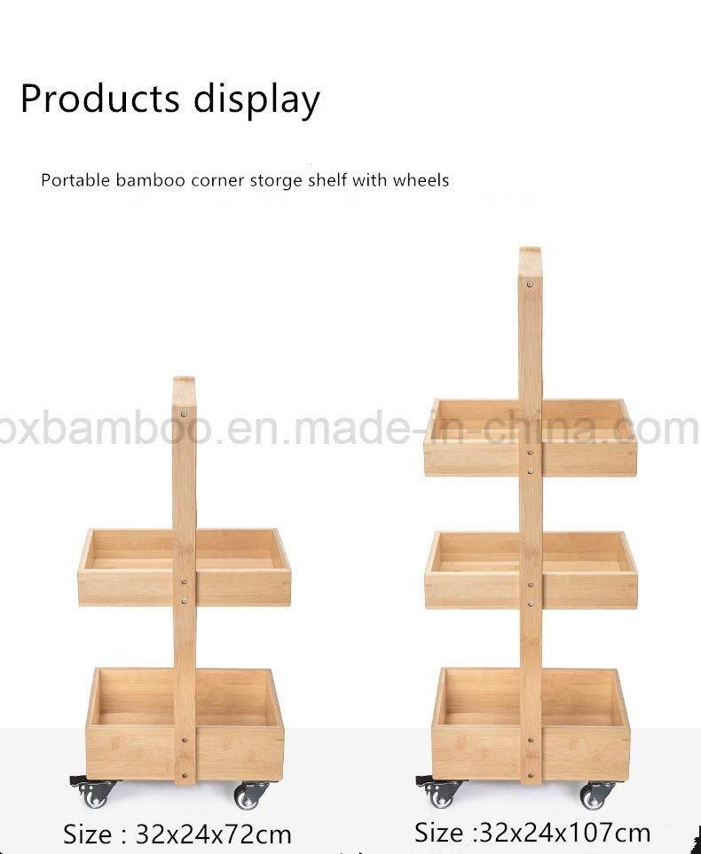 Portable Bamboo Bathroom Storage Shelf and Multifunction Bamboo Corner Display Rack with Wheels