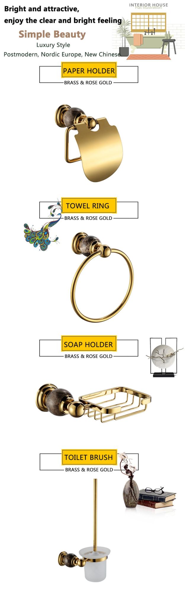 Bathroom Ceramic Accessories Luxurious Gold Paper Holder Accessories Set