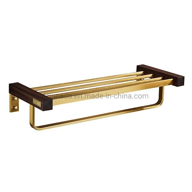 Wall Mounted Walnut Aluminum Bathroom Accessories Brushed Gold Towel Shelf (NC7808)