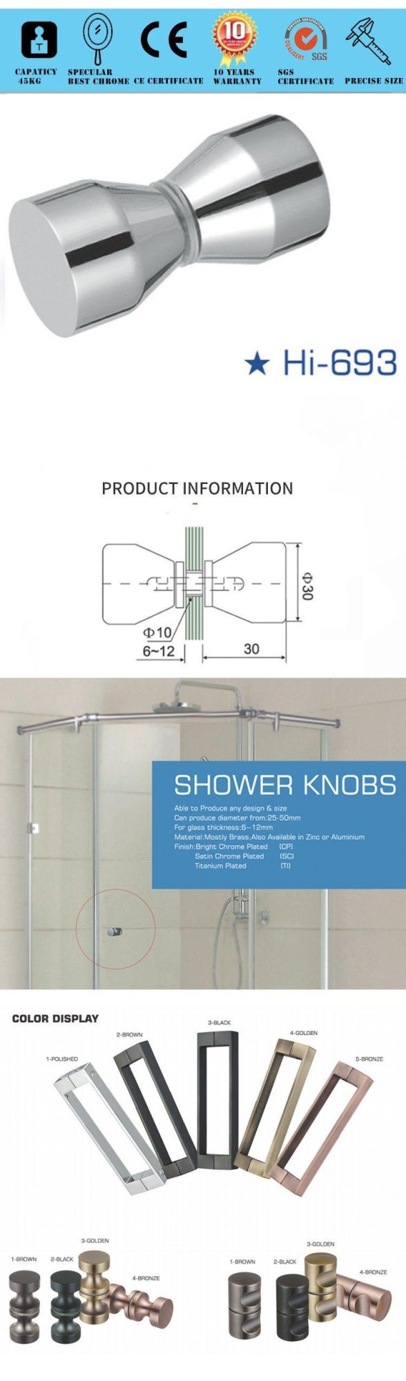 Shower Room Stainless Steel Shower Glass Door Knobs