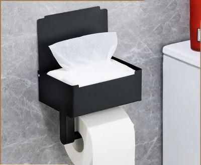 Metal Stainless Steel Matt Black Storage Box Toilet Paper Roll Holder with Phone Shelf