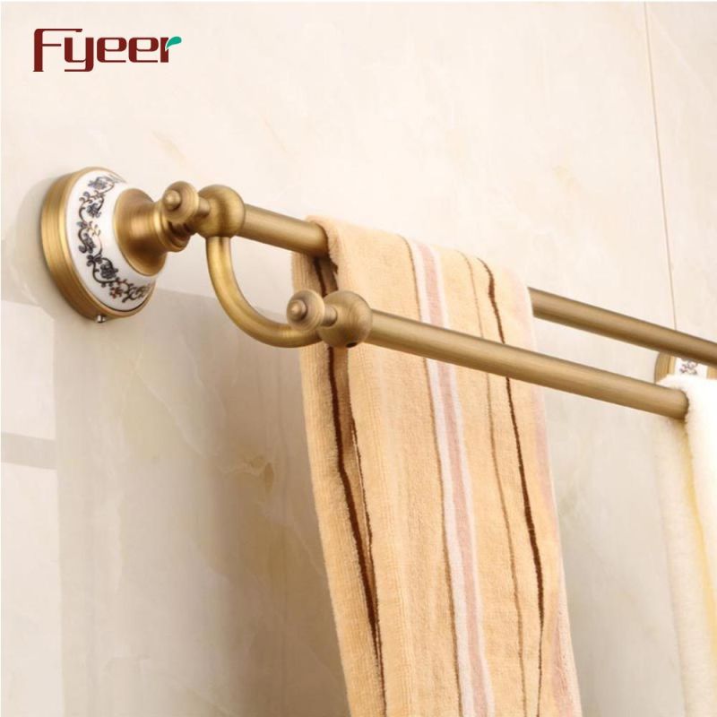 Fyeer Antique Brass Double Towel Bar with Ceramic Base