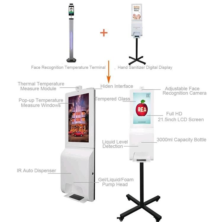 21.5 Inch Floor Standing Advertising Displays Automatic Hand Sanitizer Soap Dispenser Display Kiosk Optional Facial Recognition Temperature Scanner