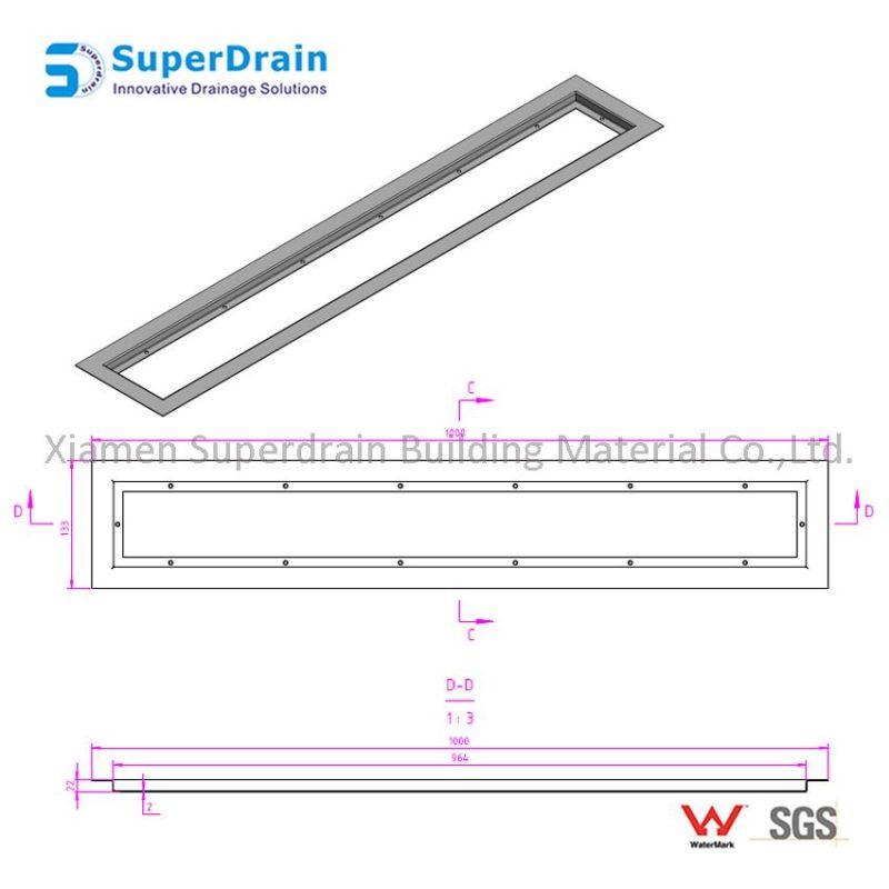 Stainless Steel Long Linear Square Shower Floor Drain with Removable Grid Grate Cover