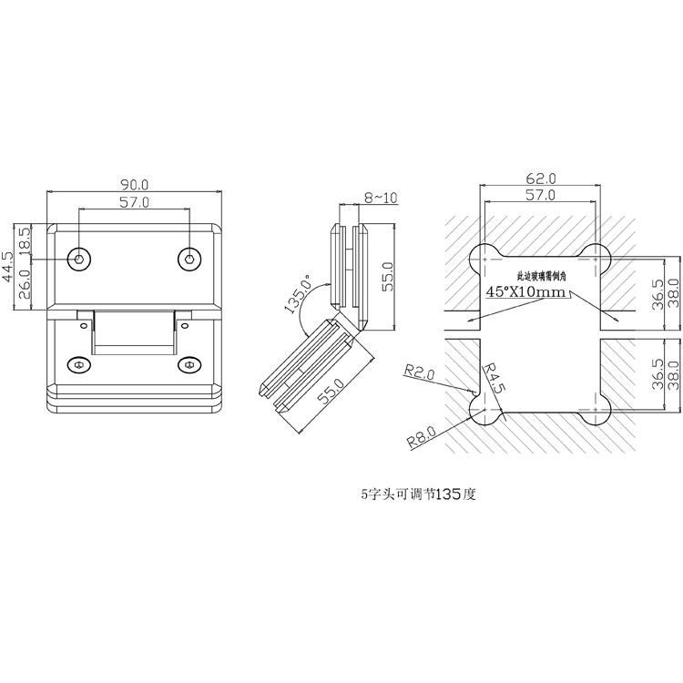 Bathroom Fittings Adjustable Glass to Glass 135 Degree Solid Brass Polish Chrome Phlishing Glass Shower Hinges Connector Joboo Zb561