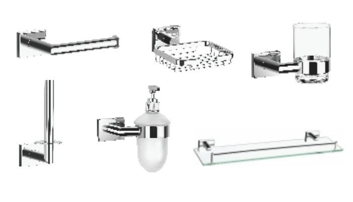Modern Rectangular New Design Italy German Design Base Foot Stainless Steel Brass Luxurious Bathroom Accessories with Towel Bar Ring Tumbler Glass Shelf