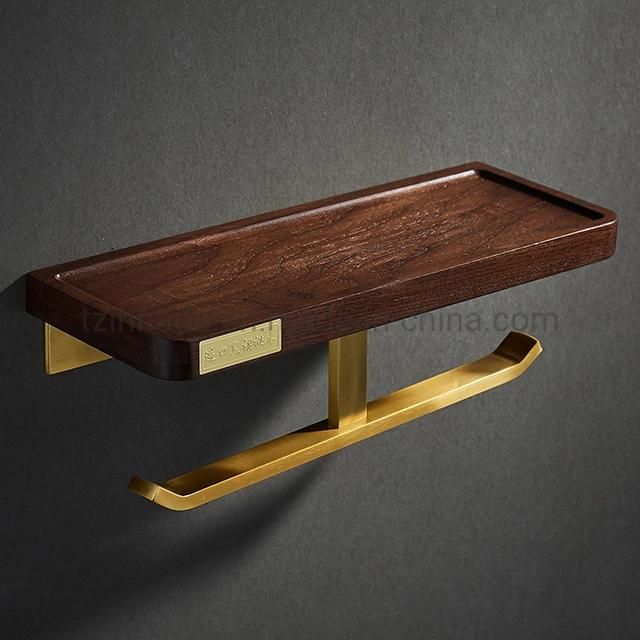 Wall Mount Walnut Wooden Aluminum Toilet Tissue Paper Roll Holder (MC003-C1)