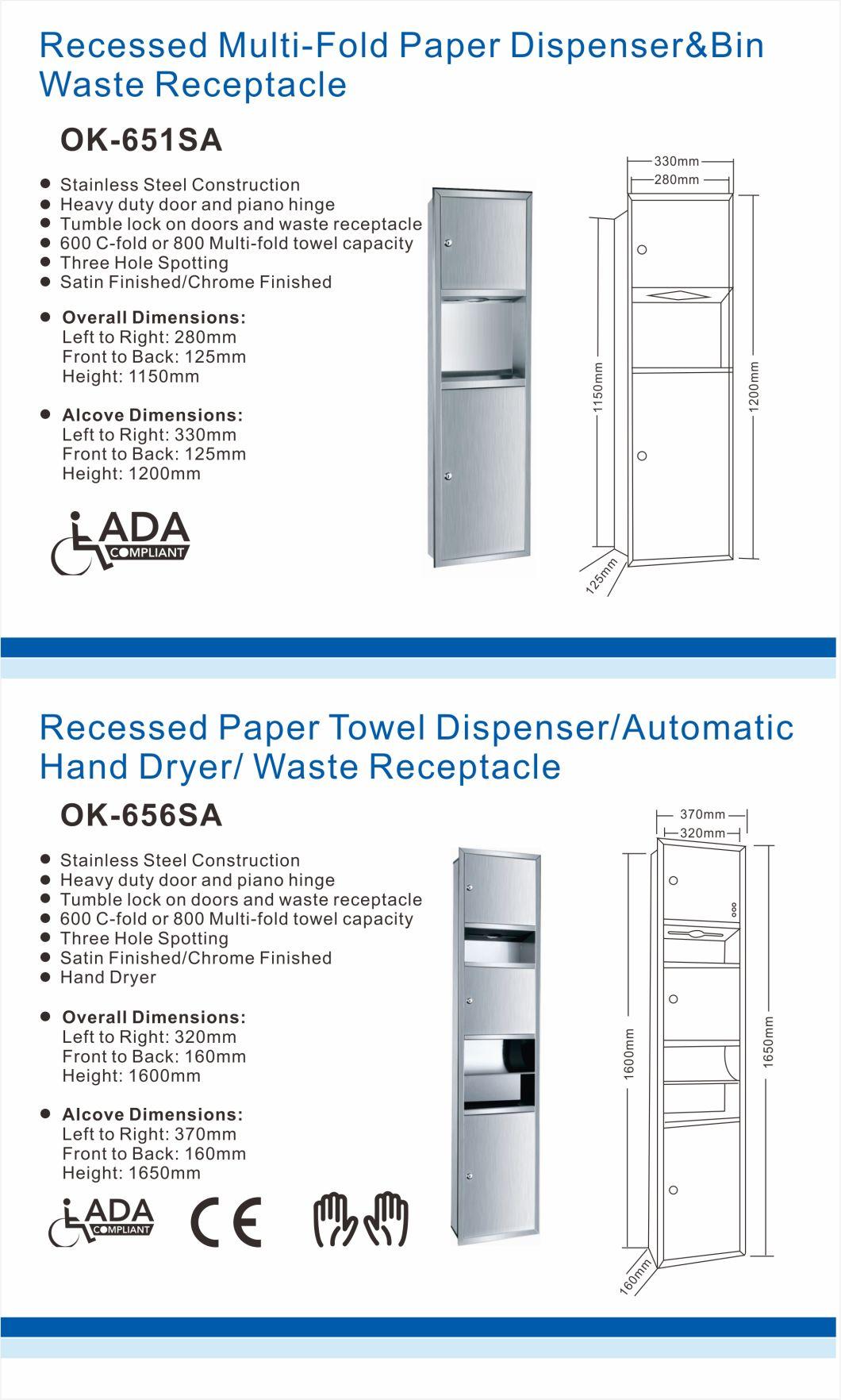 Combination Hygiene Recessed Paper Towel Dispenser/Automatic Hand Dryer/ Waste Receptacle