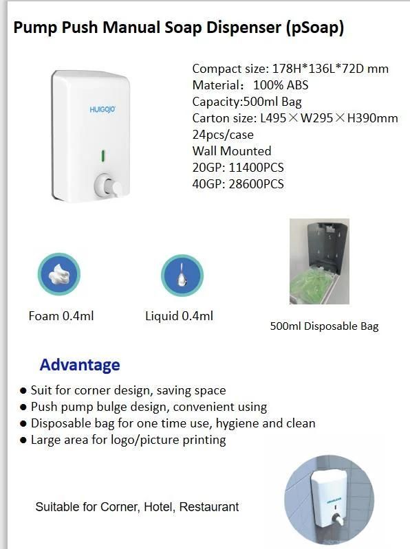 Corner Design Push Pump Wall Mounted Manual Foam Soap Dispenser