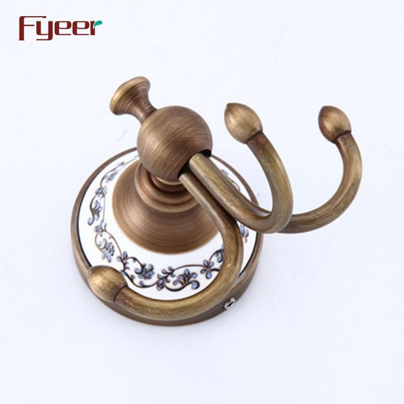 Fyeer Antique Brass Double Robe Hook with Ceramic Base