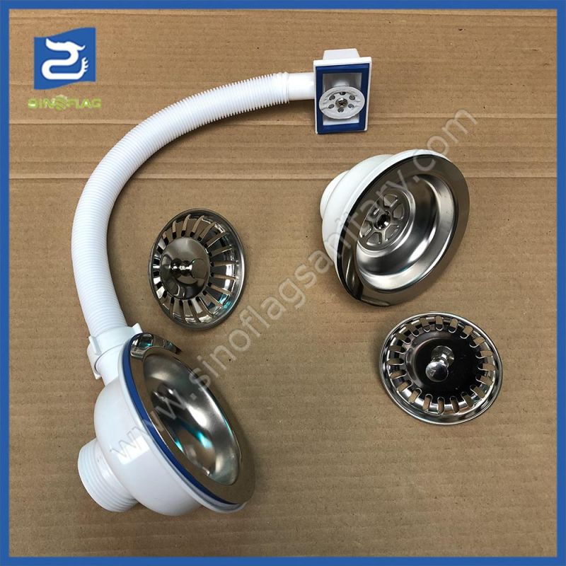 113mm Stainless Steel Kitchen Sink Basket Strainer with Flexible Hose for Overflow Hole