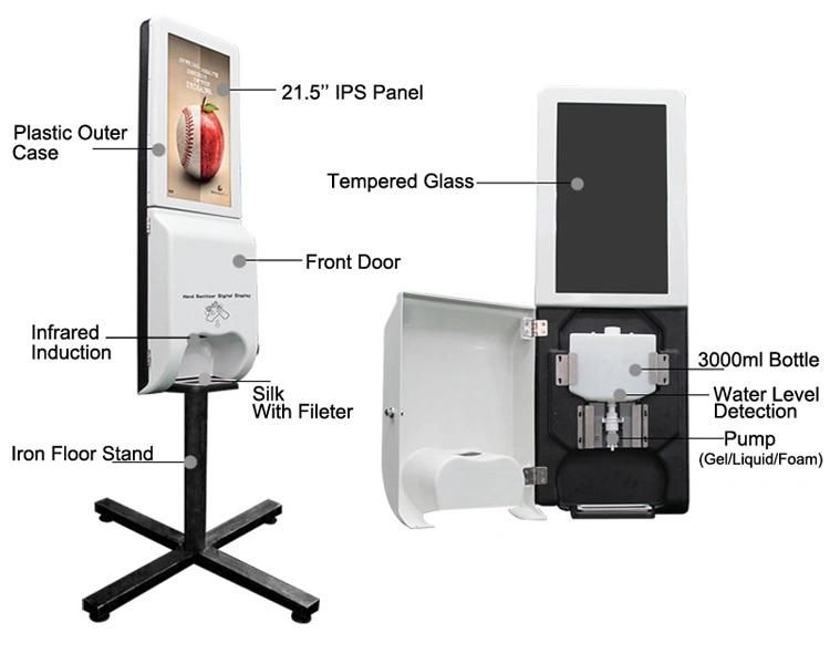 21.5 Inch Floor Standing Advertising Displays Automatic Hand Sanitizer Soap Dispenser Display Kiosk Optional Facial Recognition Temperature Scanner