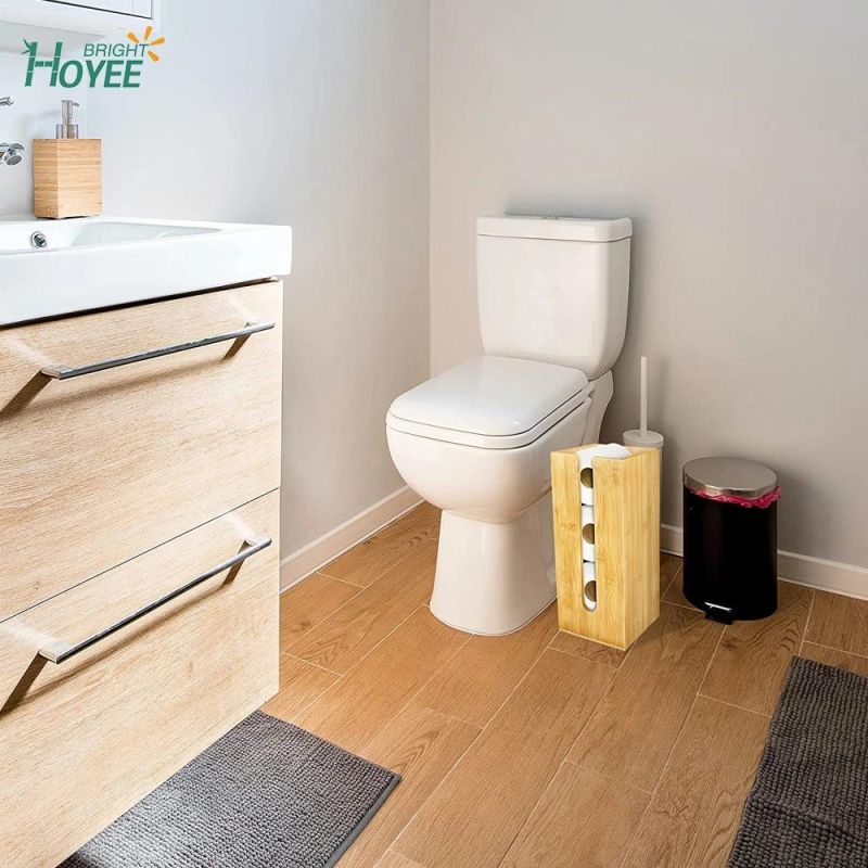 Natural Bamboo Toilet Paper Holder with Shelf Tray