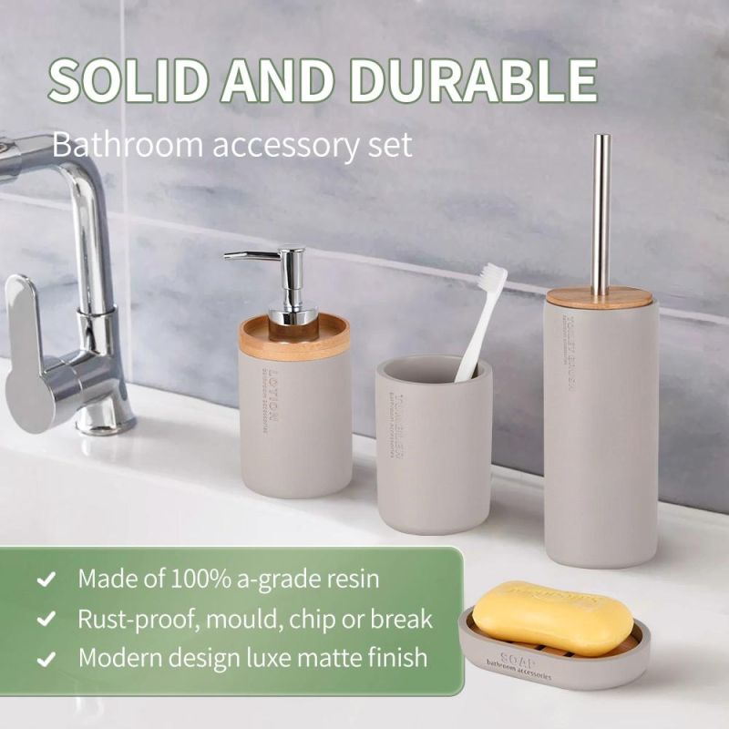 Modern Designed Polyresin with Bamboo 4-Piece Bathroom Accessories Set Shower Toilet Accessories