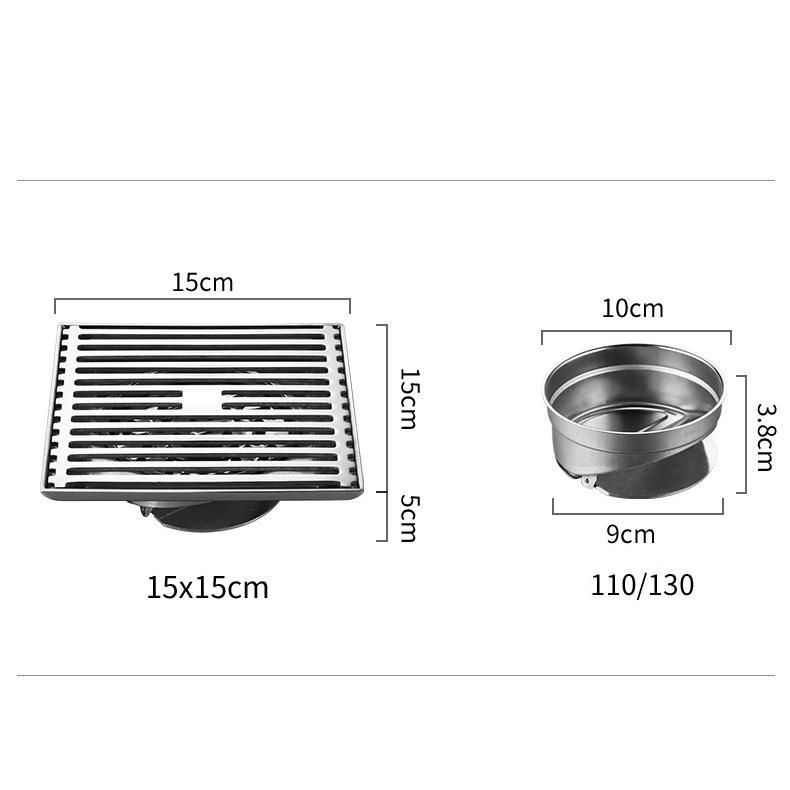 5 Inch 3mm Thickness 15*15cm Reverse Side Bamboo Row Deodorant 201 Stainless Steel Floor Drain Bathroom Shower Room Large Displacement Strip Floor Drain