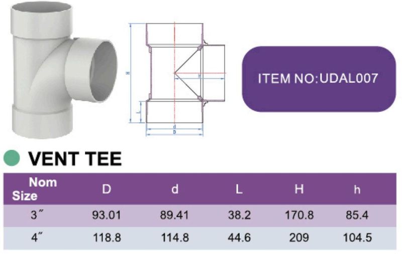 Era ASTM D2665 UPVC PVC Drainage Fittings Vent Tee with NSF Certificate