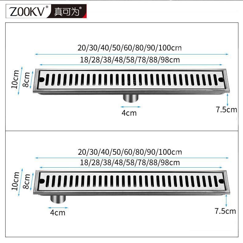 90*10cm SUS304 Stainless Steel Rectangular Floor Drain Thickening Project Hotel Shower Room Large Displacement Side Row Stripe Shape Odor Proof Floor Drain