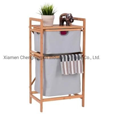 Large Capacity Bamboo Wood Laundry Hamper with 2 Drawers for Dresser Sliding Cloth Fabric Storage Bins