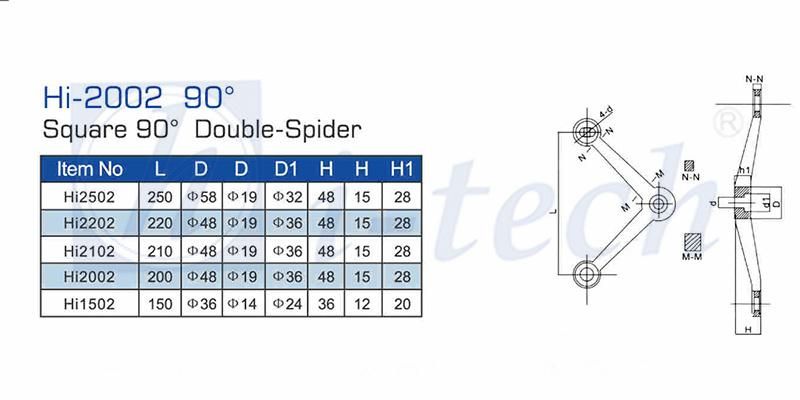 Hi-2002 90 Degree Double Spider 2 Arms Stainless Steel Spider Claw for Glass