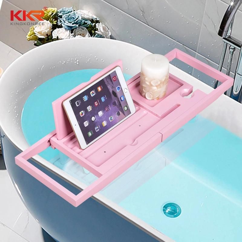 Pink Color Adjustable Bamboo Bathtub Caddy Bath Tray with Reading Rack