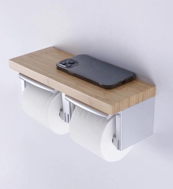 Stainless Steel Bamboo Toilet Paper Holder for Tissue with Phone Shelf