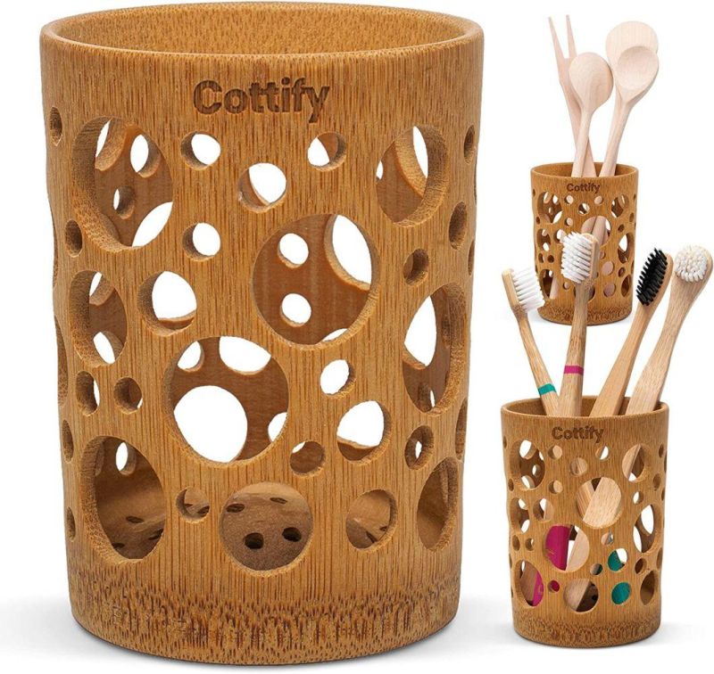 Bamboo Toothbrush Holder for Bathroom Toothbrush Cup with Drainage
