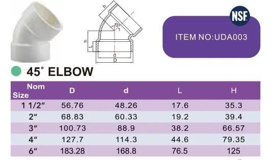 Era ASTM D2665 UPVC PVC Drainage Fittings 45 90 Degree Elbow with NSF Certificate