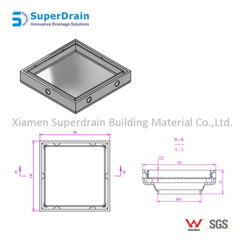 China Satin Finish SUS 304 Rectangular Hidden Floor Drain