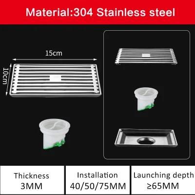 15*10cm Villa Bathroom DN50 304 Solid Stainless Steel Long Strip Floor Drain Toilet Shower Room Rectangular Odor Proof Floor Drain