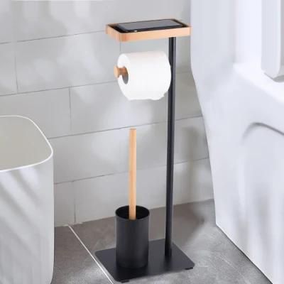 Factory Latest Design Metal Bamboo Free Standing Toilet Paper with Toilet Brush