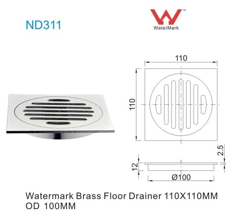 110X110mm Od100mm Watermark Bathroom Square Chrome Plated Brass Floor Drain (ND311)