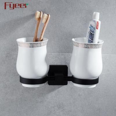 Fyeer Bathroom Accessory Aluminum Matt Black Double Tooth Brush Holder