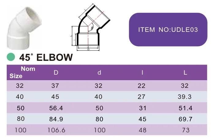 Era Yonggao White Drainage PVC Plastic Pipes and Fittings ISO3633 45 Degree Elbow