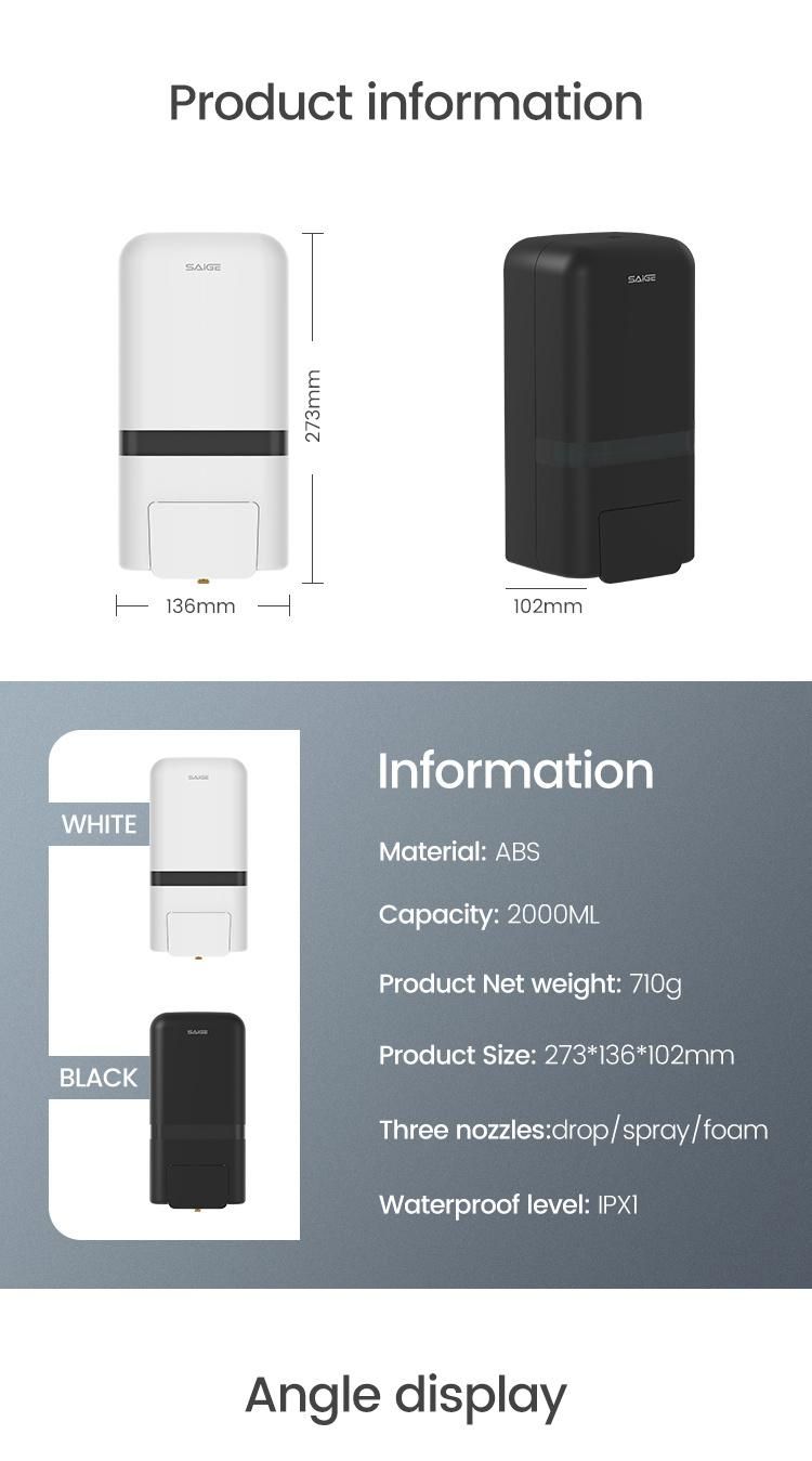 Saige 2000ml Black High Quality Wall Mount Alcohol Spray Soap Dispenser