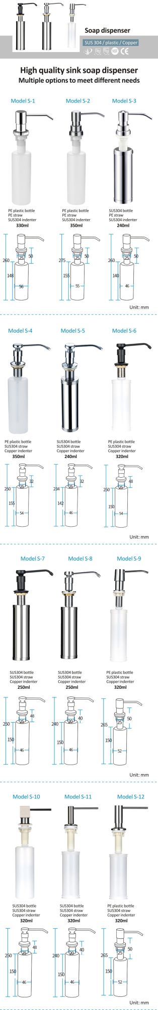 SUS304 Stainless Steel Kitchen Accessory Soap Dispenser Kitchen Sink Soap Dispenser 350/500/1000ml Bottle Soap Dispenser