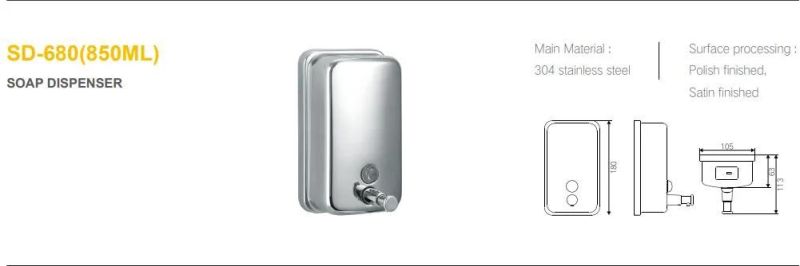 Big Sale Home and Public Products Bathroom Accessories 304 Stainless Steel 850ml Soap Dispenser (SD-680)