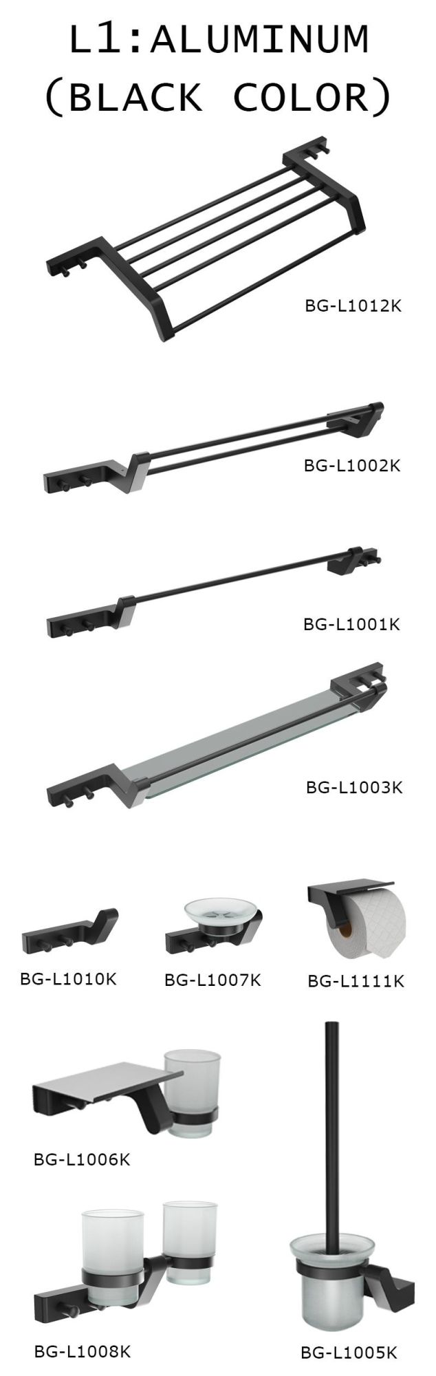 Bathroom Black Aluminum Double Towel Bar (BG-L1002K)