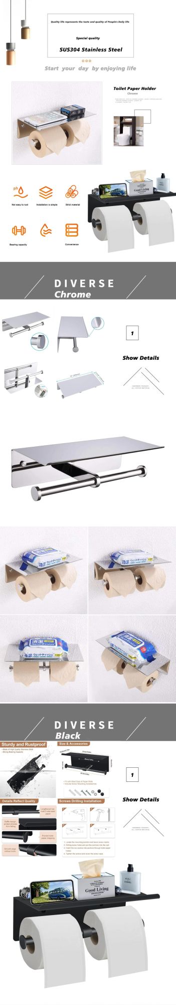 Toilet Paper Holder with Shelf Wall Mounted Toilet Paper Storage Double Roll Tissue Holder Dispenser Bathroom