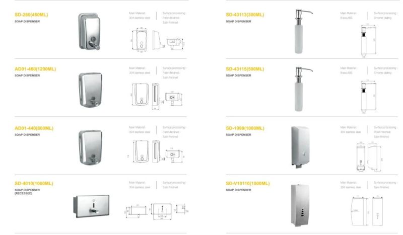 Stainless Steel 304 Hotel Bathroom Kitchen Hand Sanitizer Dispenser Liquid Hand Soap Dispenser