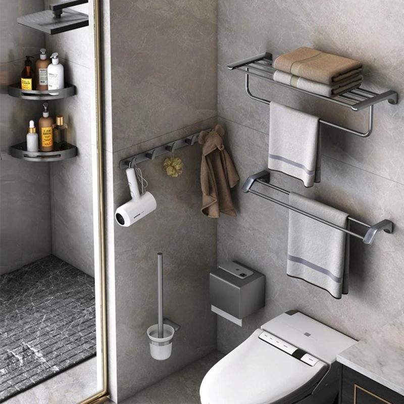 Hot Sale Hotel Home Metal Grey Bathroom Accessory Set Toilet Roll Holder Towel Bar Towel Ring Soap Holder