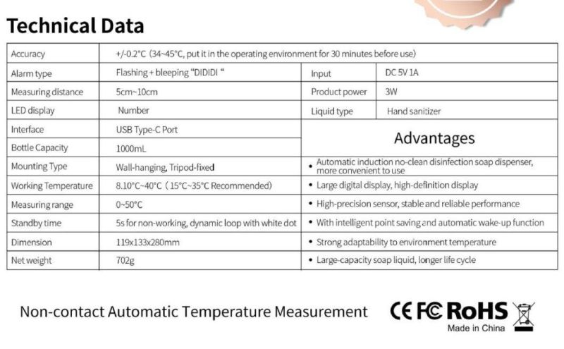 Automatic Hand Sanitizer Dispenser with Temperature Intelligent Temperature Measurement with Sanitizer Temperature Measurement Hand Sanitizer